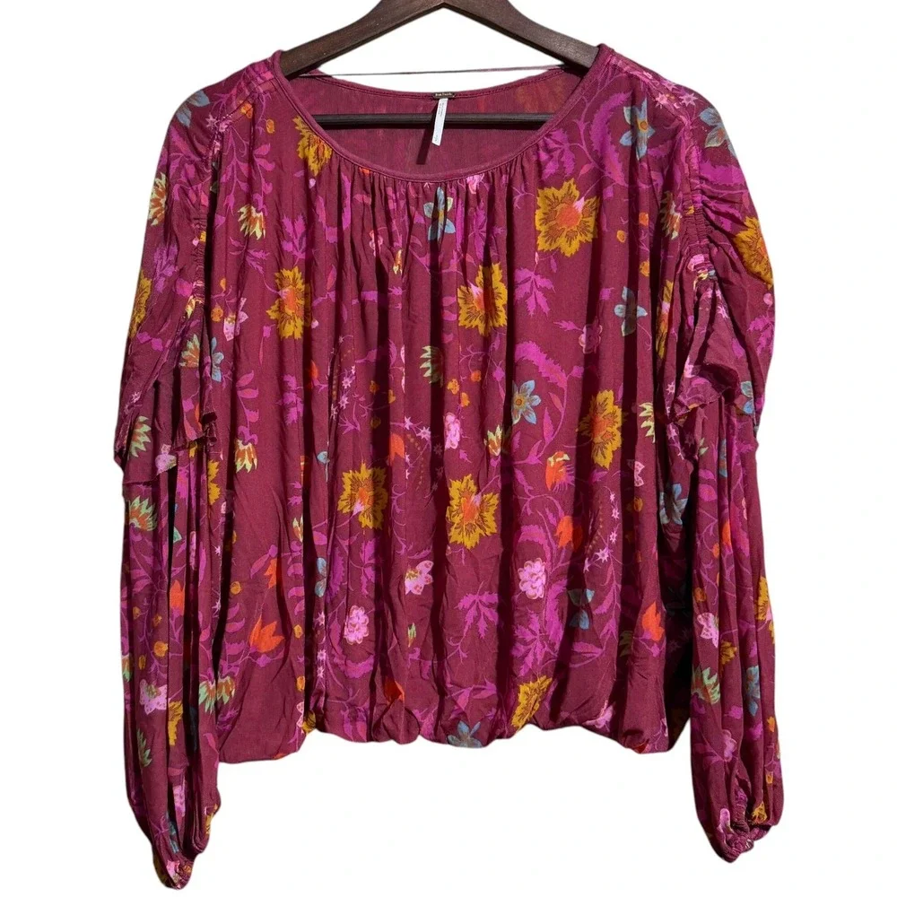 Free People Wild Honey Red Berry balloon sleeve flowy floral drop shoulder small